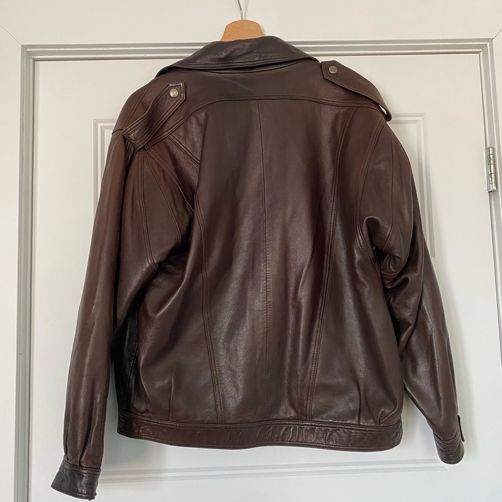 Brown Leather Bomber Jacket with Quilted Interior - Picture 2 of 6